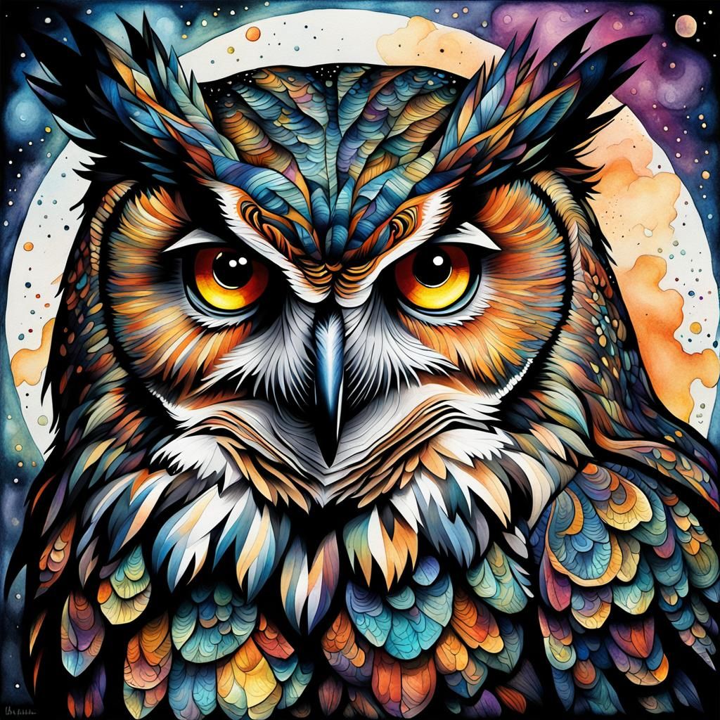 Great Horned Owl in Alcohol Ink Style