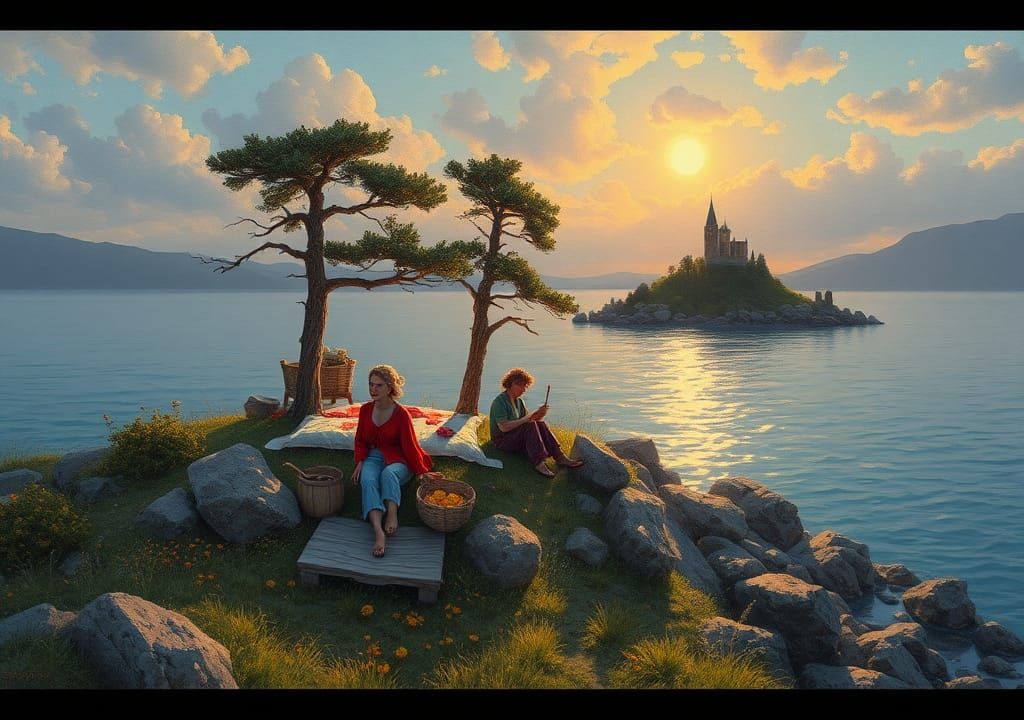 Island Picnic in Golden Age Illustration Style