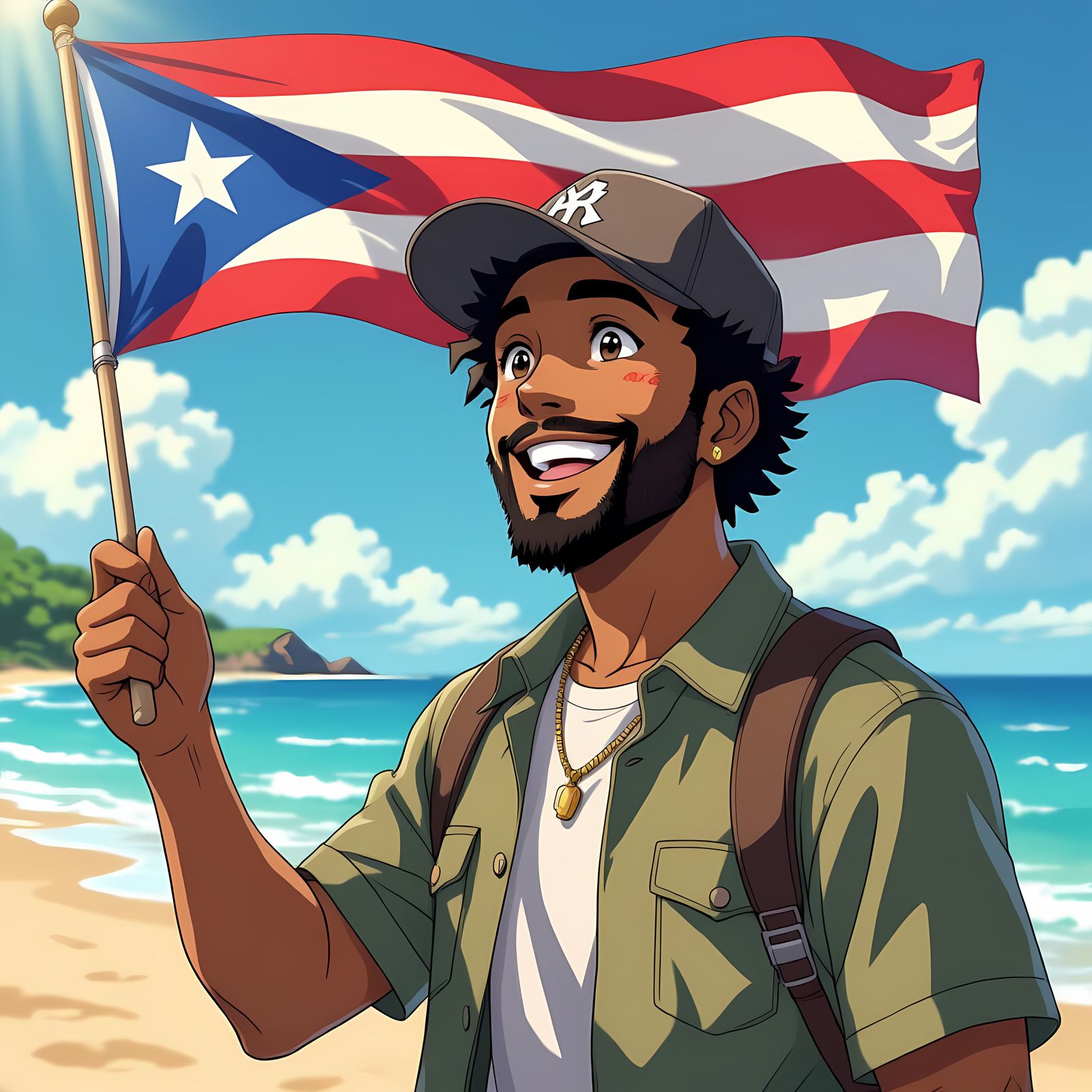 Anime Man Waving Puerto Rican Flag on Beach