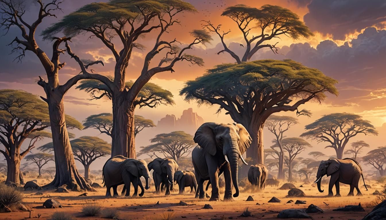 Elephants Await Rain in Barren Landscape Concept Art