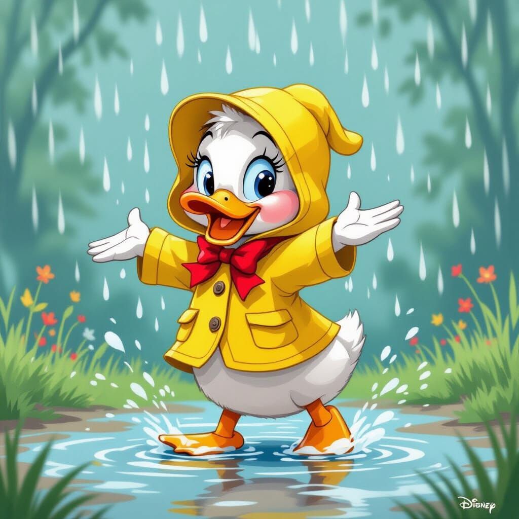 Duckling's Joyful Rain Dance in Disney Style