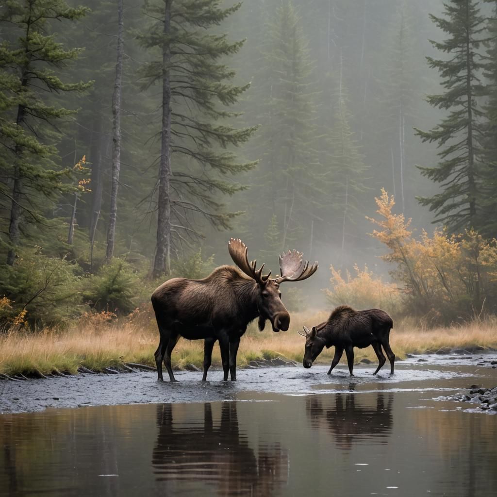 Moose and Calf in Misty Mountain Brook