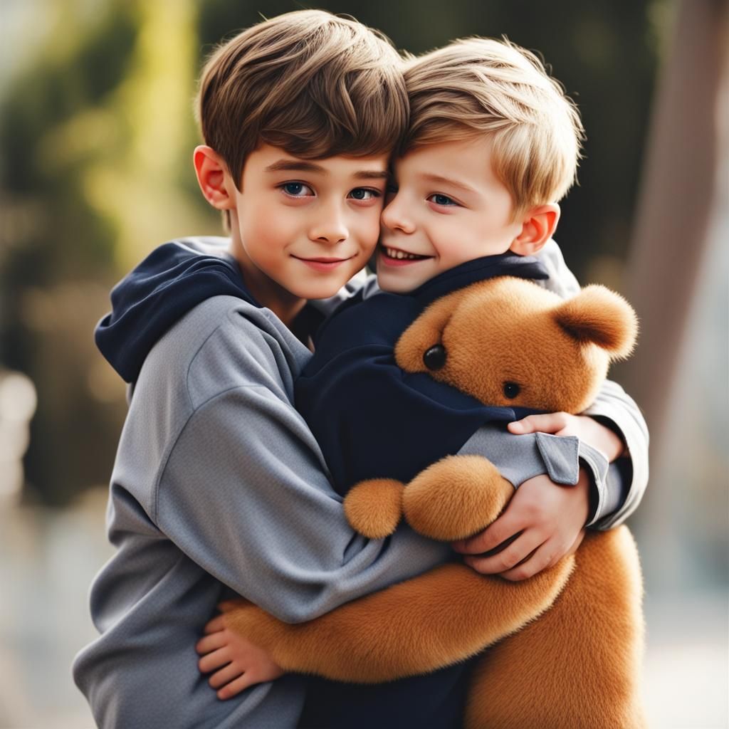 Cute boy hugging cute boy