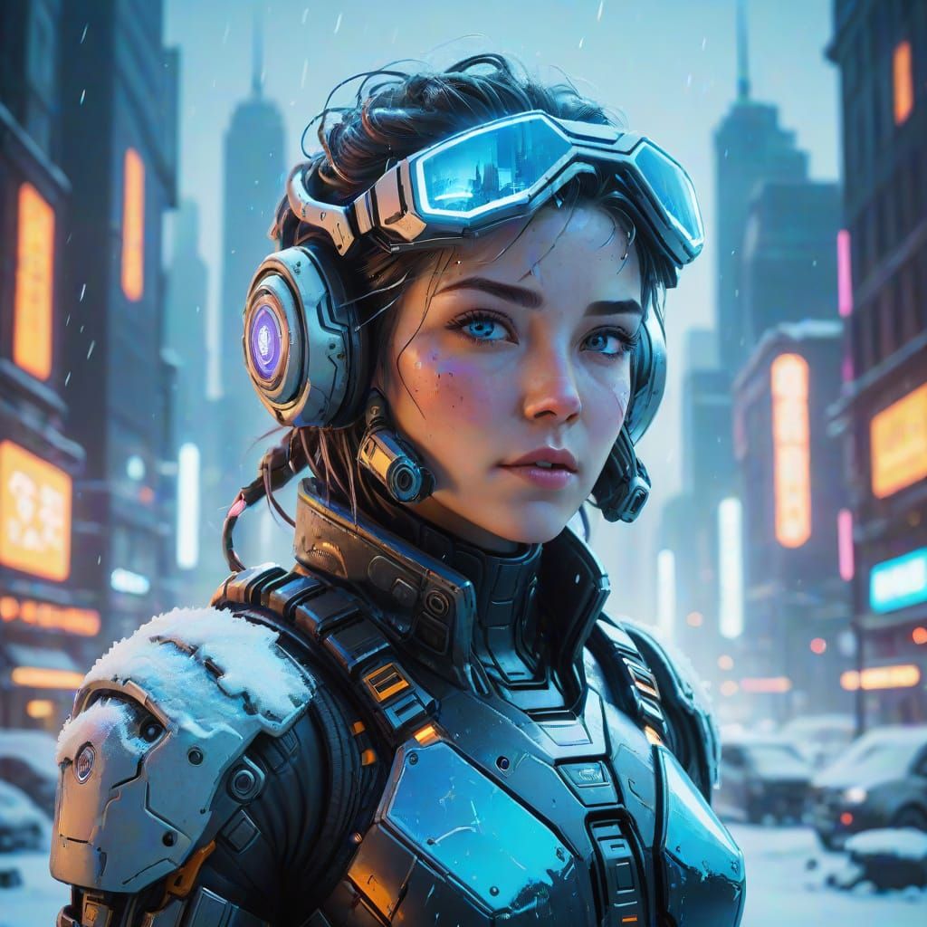 Vibrant Cyberpunk Goddess in Frozen Cityscape