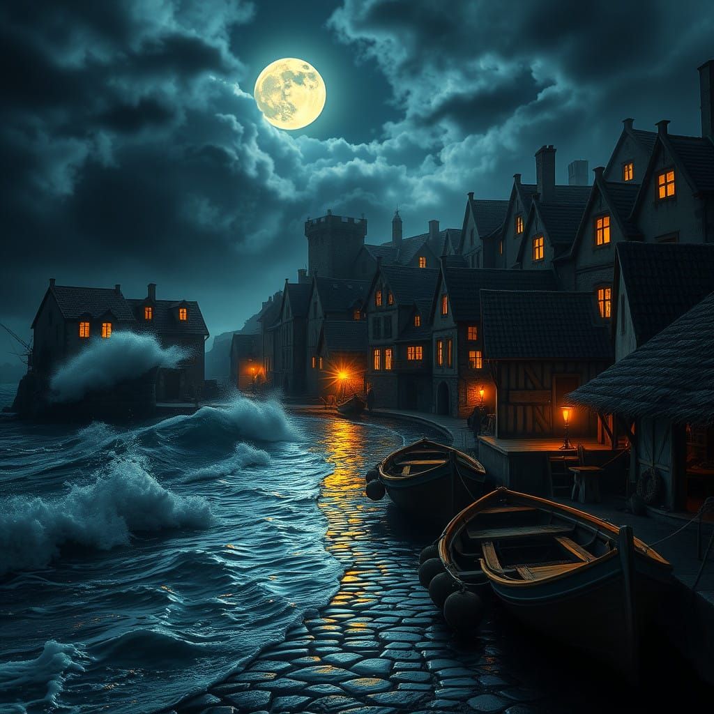 Portuguese Fishing Village Under Full Moon