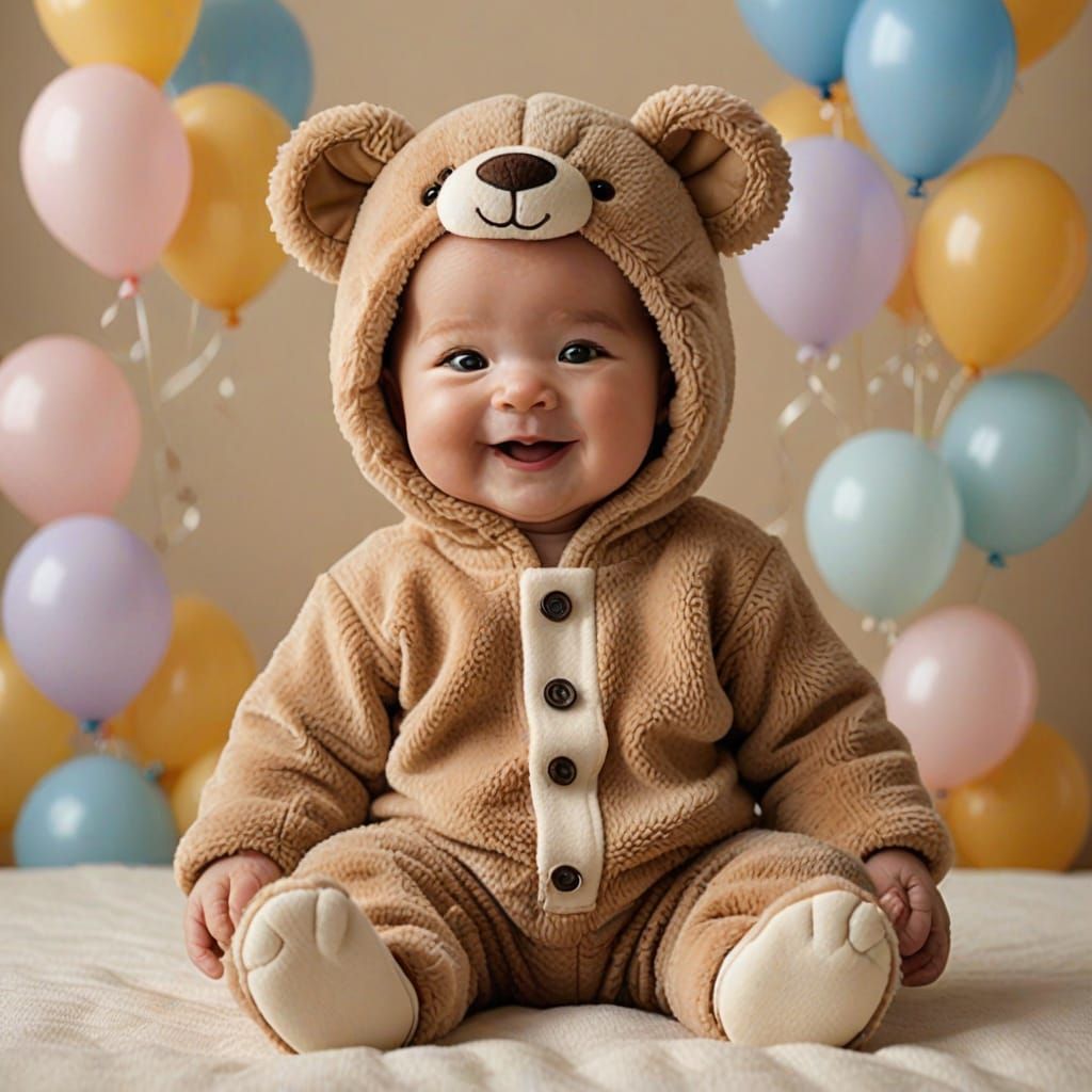 Charming Baby in Teddybear Outfit, Beaming with Joy