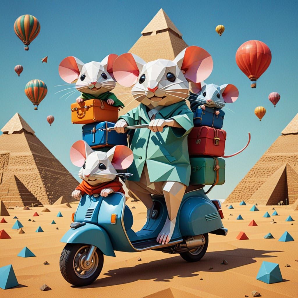 Whimsical Chibi Mice on Vespa, in a Geometric Picasso Style