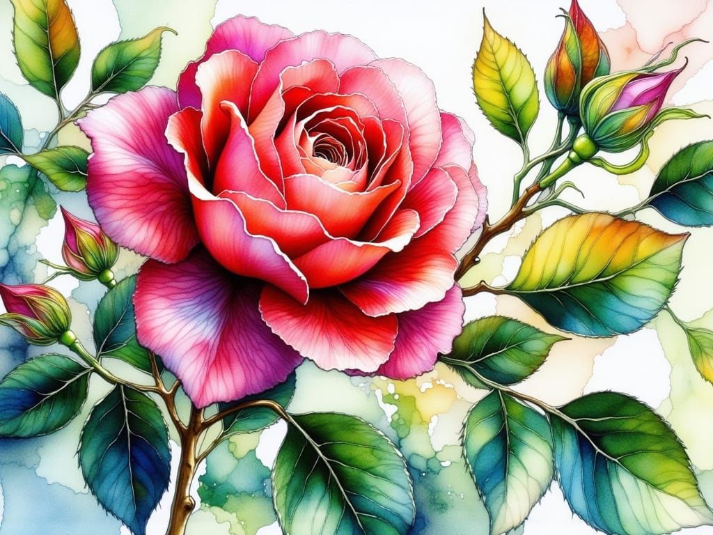 Red and White Rose in Realistic Watercolor Style