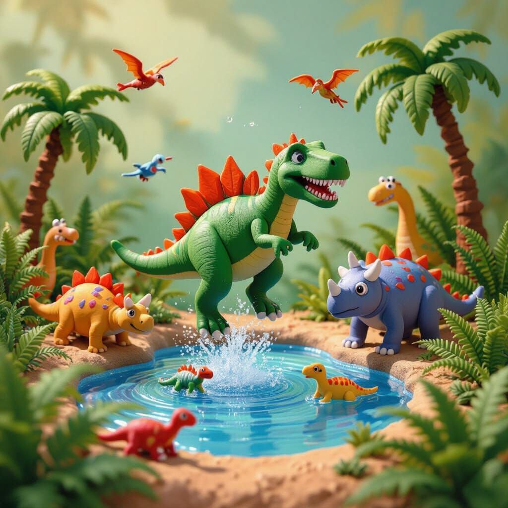 Polymer Clay Dinosaur Diorama in Stop-Motion Style