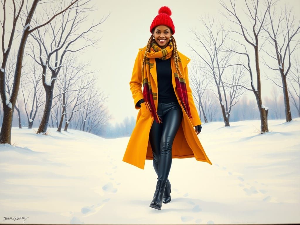Confident Woman in Winter Wonderland Oil Painting
