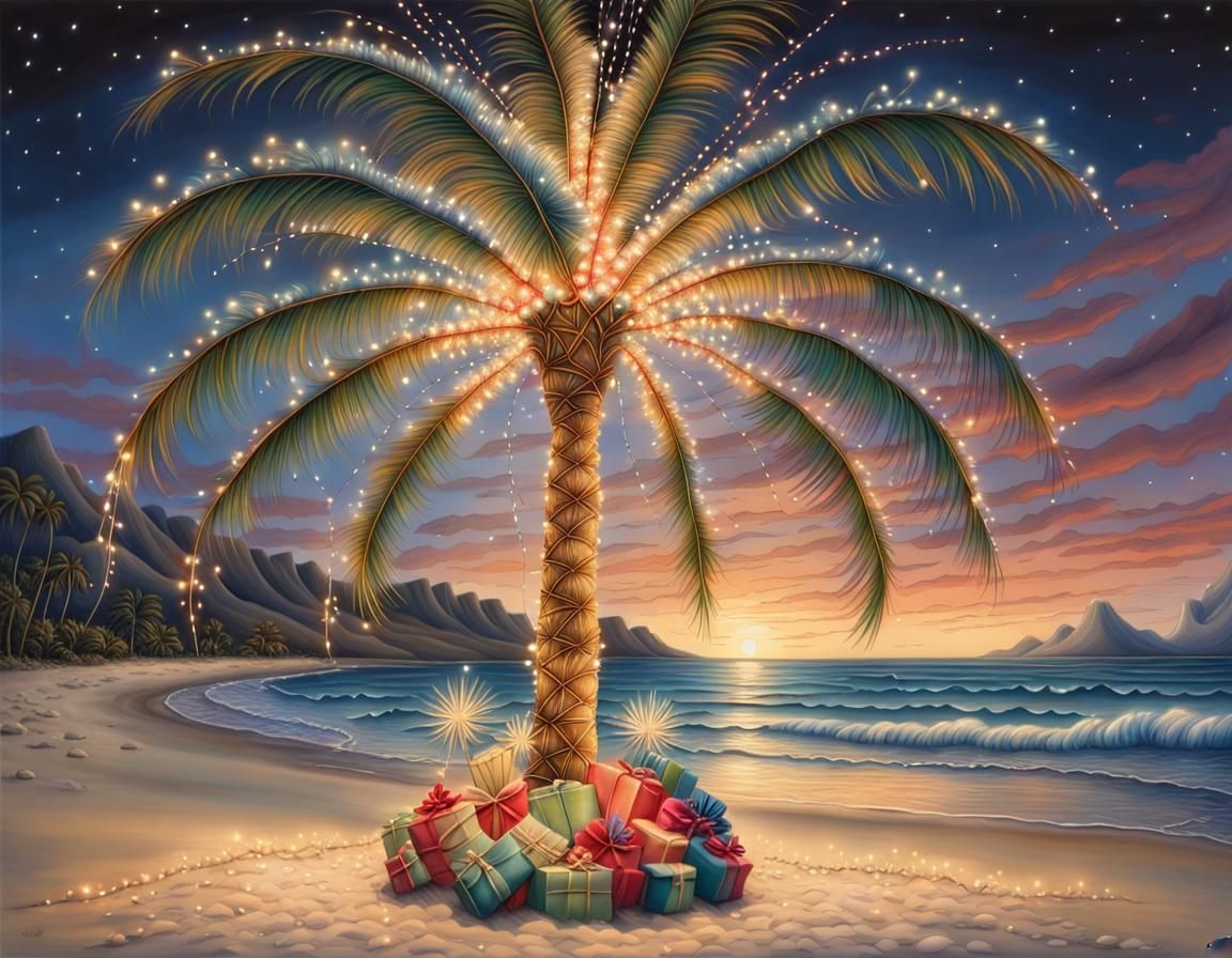Christmas Palm Tree on Hawaiian Beach at Sunset