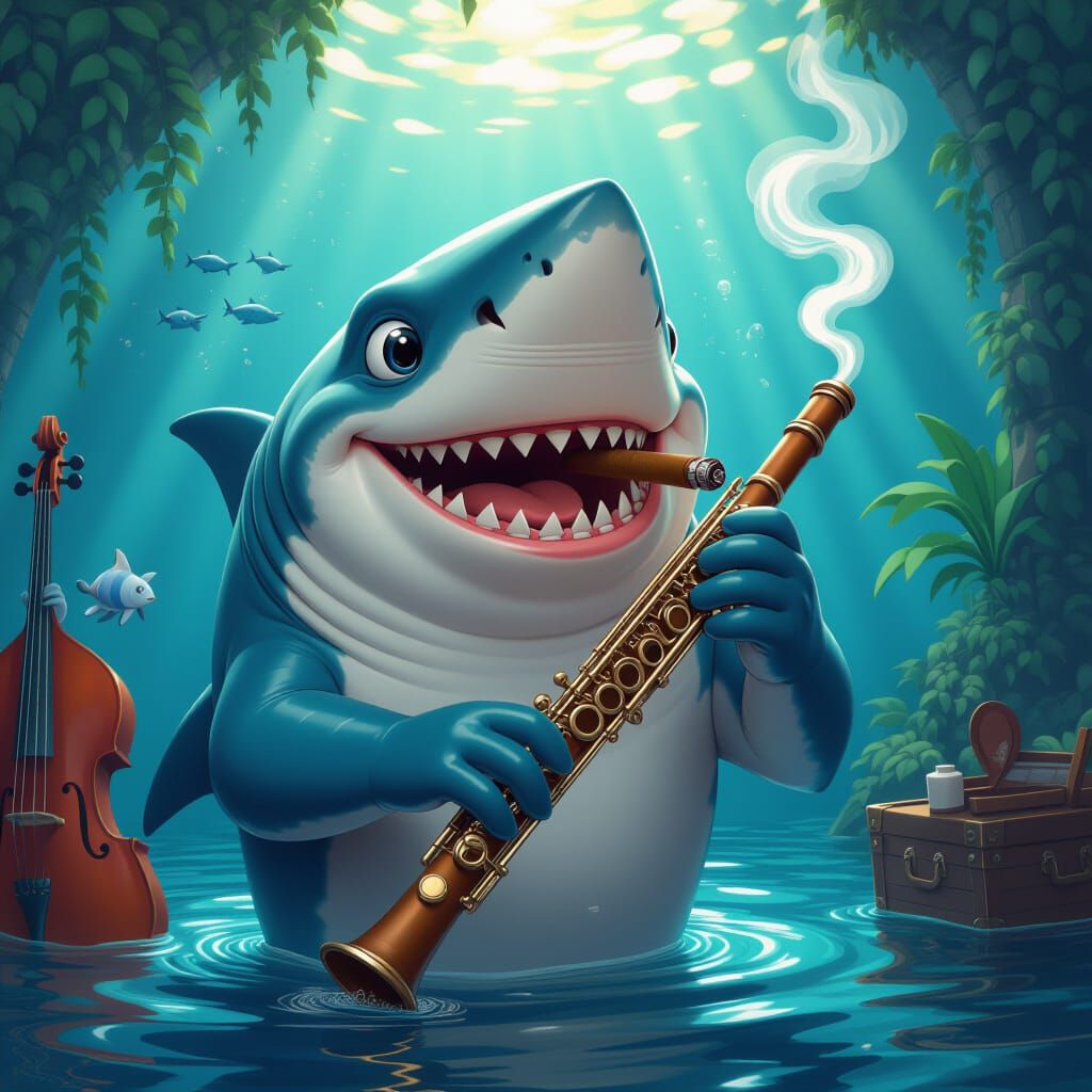 Cartoon Shark Plays Clarinet with Rubens-Inspired Shark