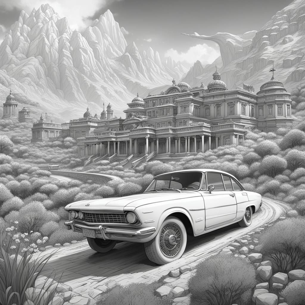 Detailed Car Coloring Page in Black and White