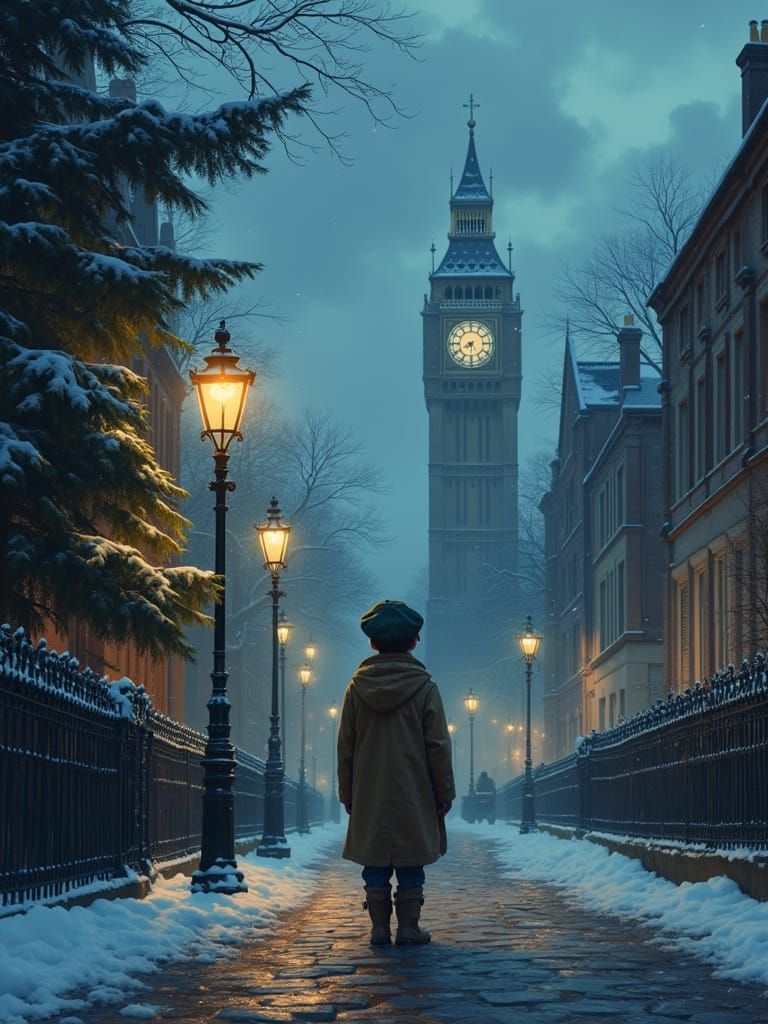 Victorian London Winter Scene with Snow and Lighted Windows