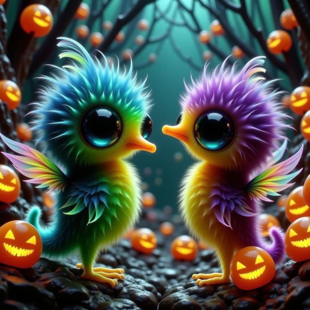 Cute Ghost Cat and Bird Halloween Reunion