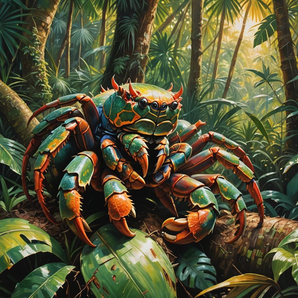 Coconut Crab Cracking Coconut: Oil Painting