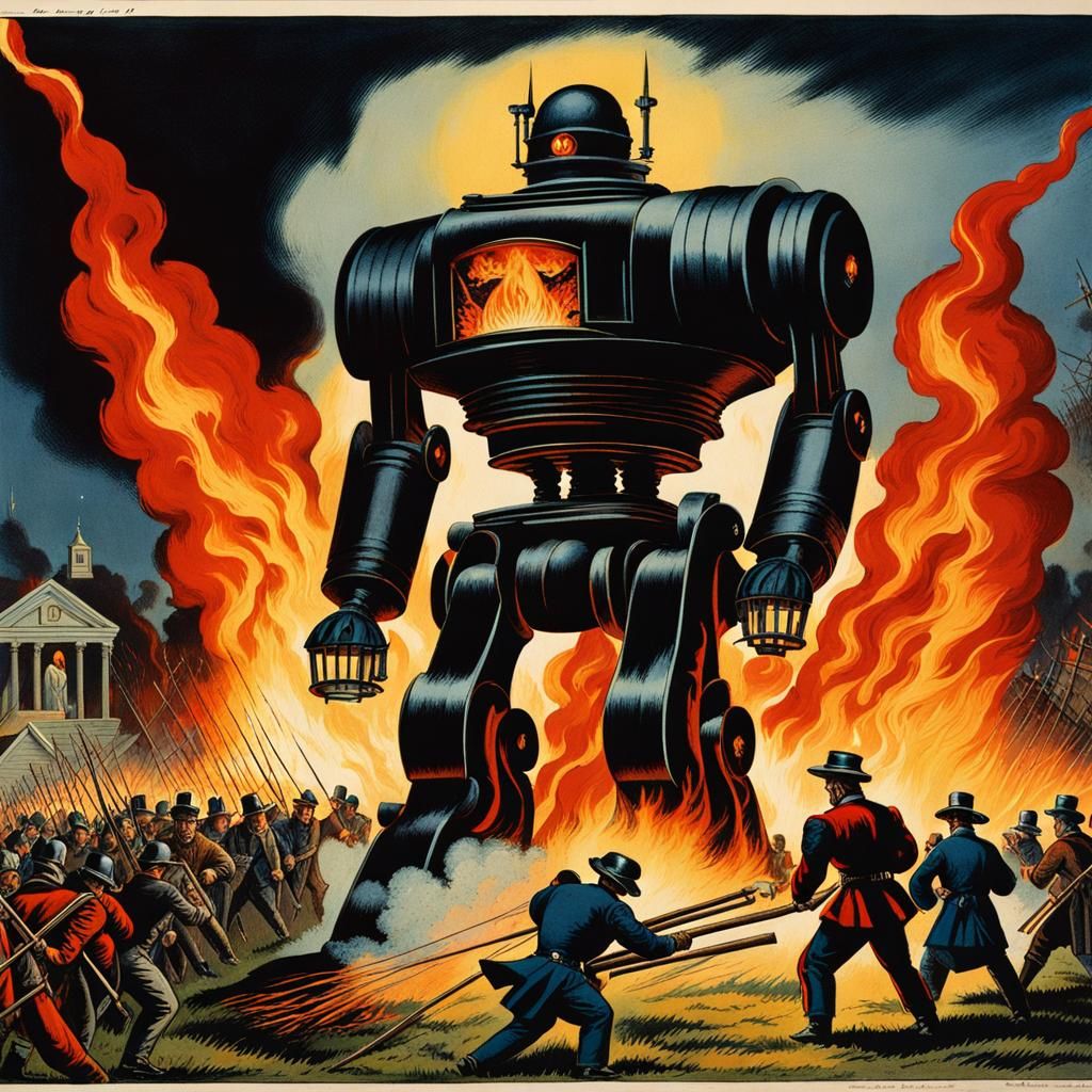 Evil Robot Razes Village in Lithographic Print