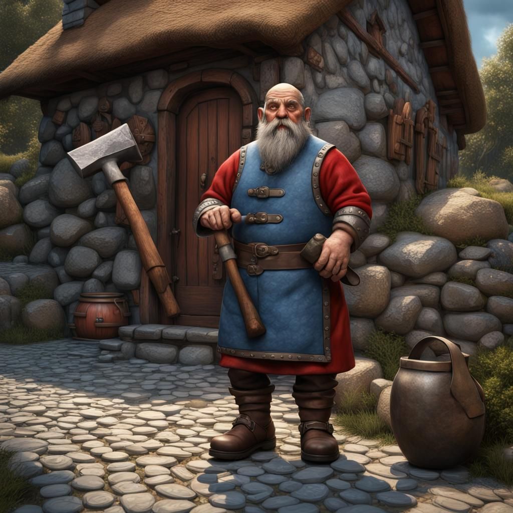 Photorealistic, hyper realistic a duergar dwarf wearing a leather crafting apron. He is standing outside a small stome c...