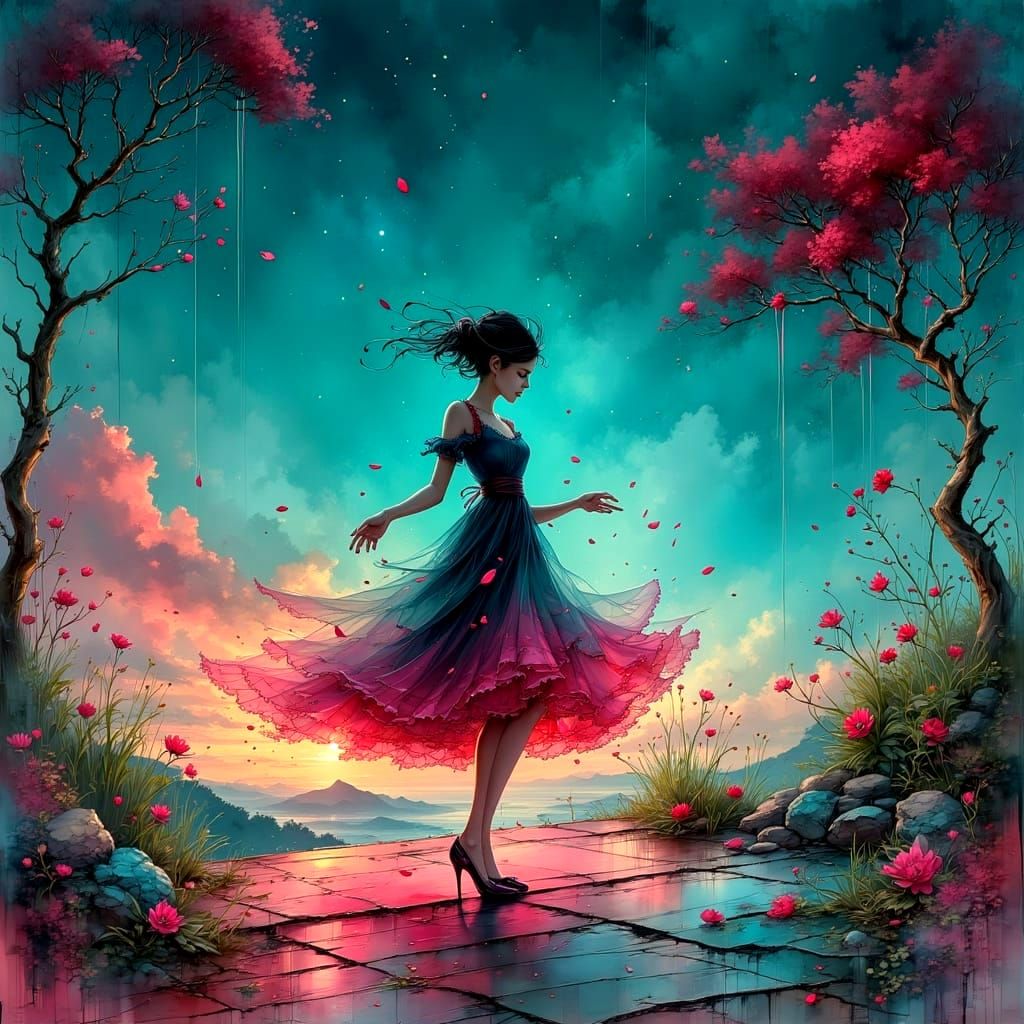 Figures Dancing on Rooftop in Vibrant Colors