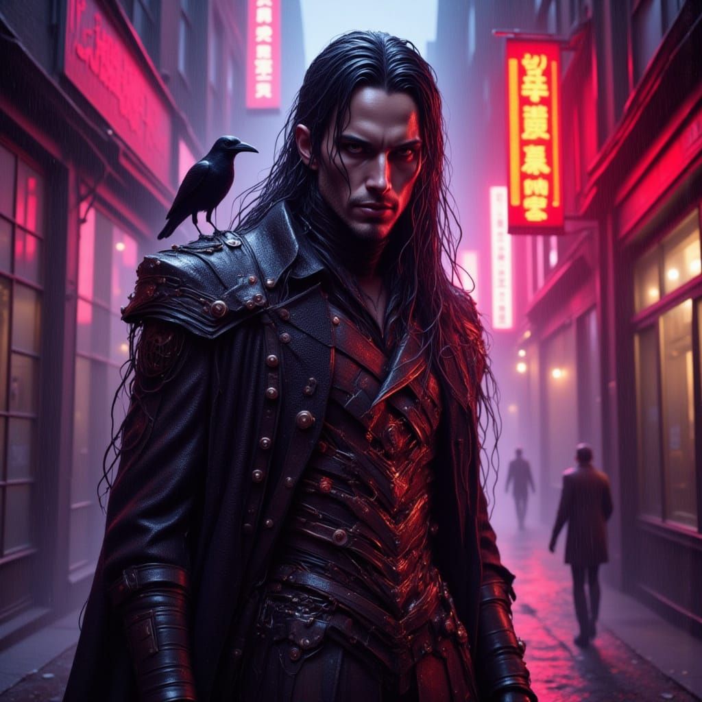 Cyberpunk Villain with Cybernetic Implants in Neon Alley