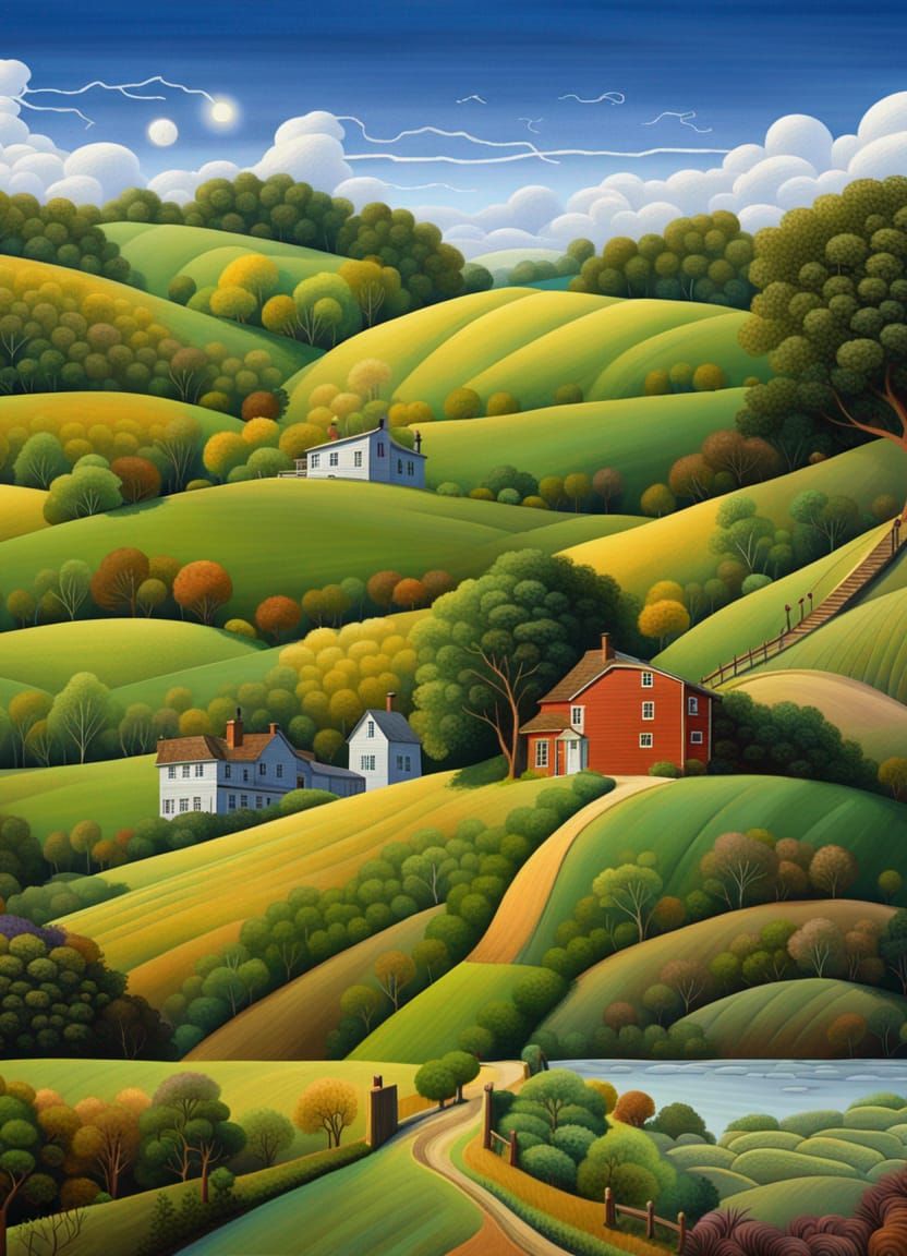 Folk Art Landscape with Saltbox House in Detail