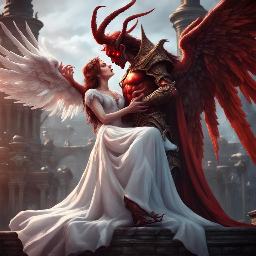 Passionate Kiss: Demon Lord and Angel in Fantasy Art