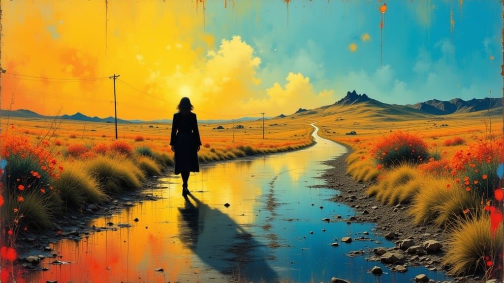 Lonely Figure on Winding Road in Summer Hues