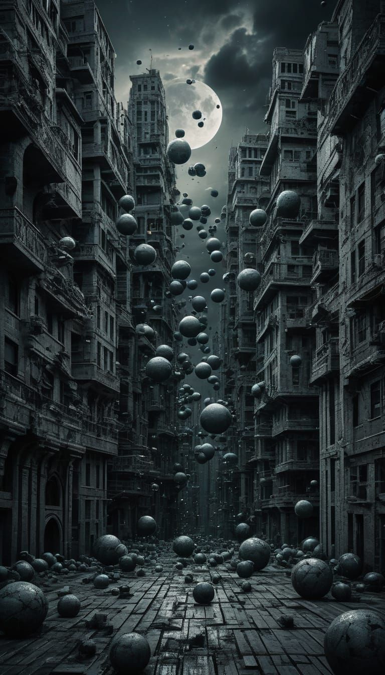 Lovecraftian Metropolis in Grey Brutalist Style