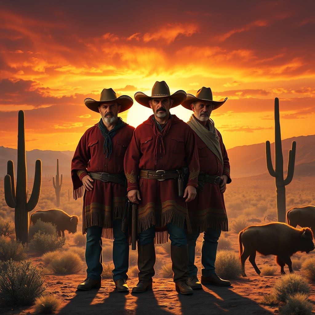 Three Cowboys in Desert Sunset
