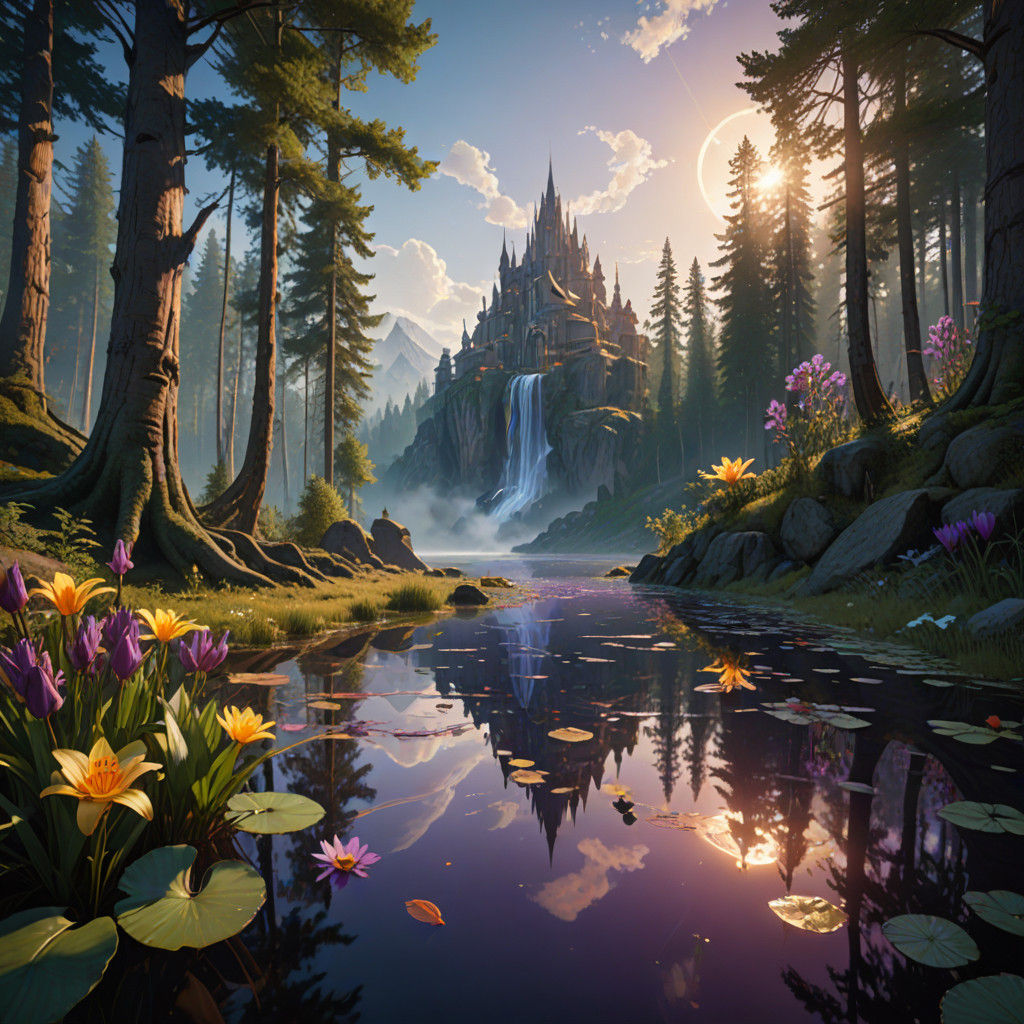 Vibrant Morning Lake Scene with Sun, Lily, and Water Drop