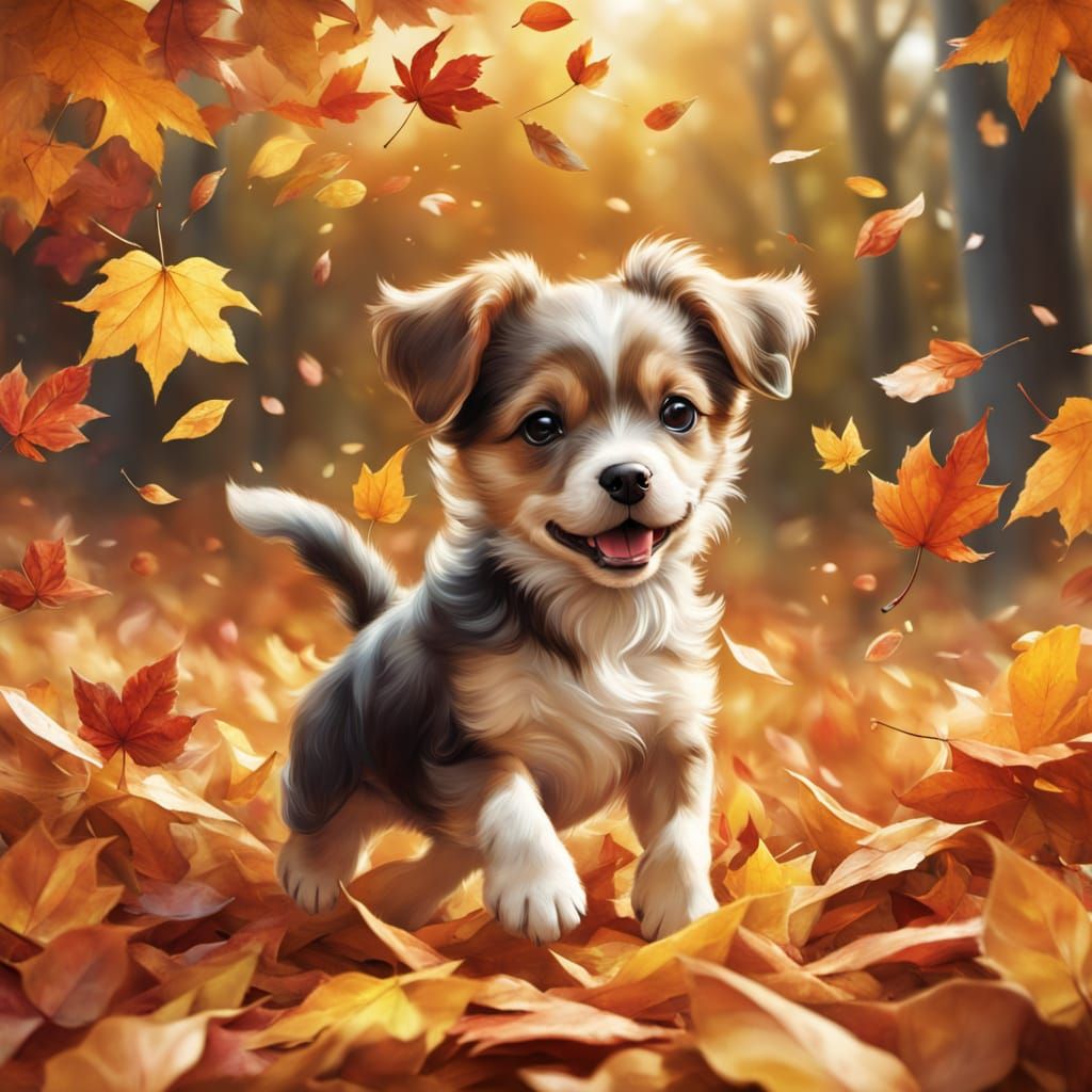 Playful Puppy Leaping in Autumn Leaves