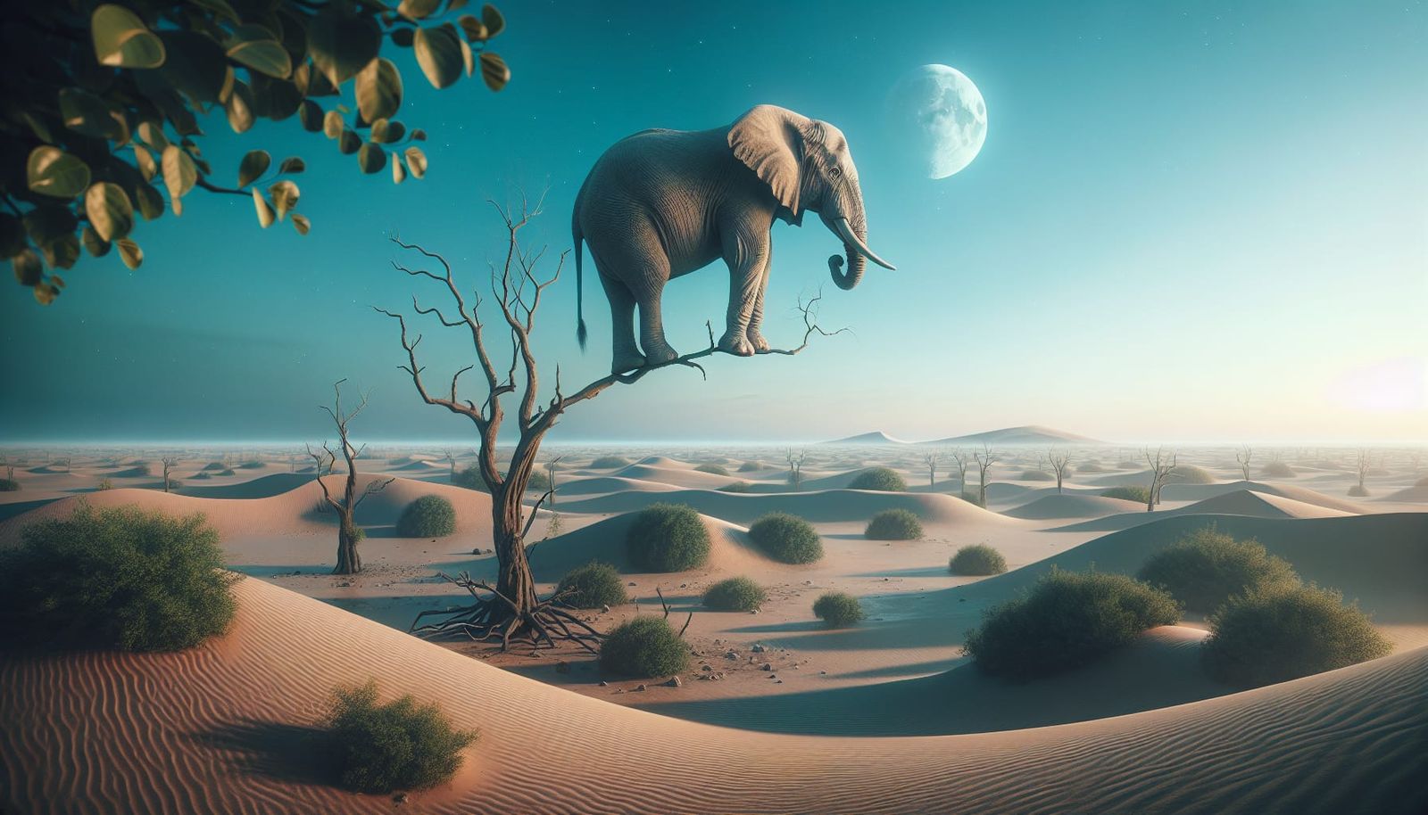 Surreal Elephant on Branch in Desert Landscape