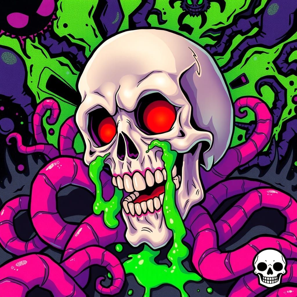 Cartoonish Skull with Neon Slime, Candyland Style