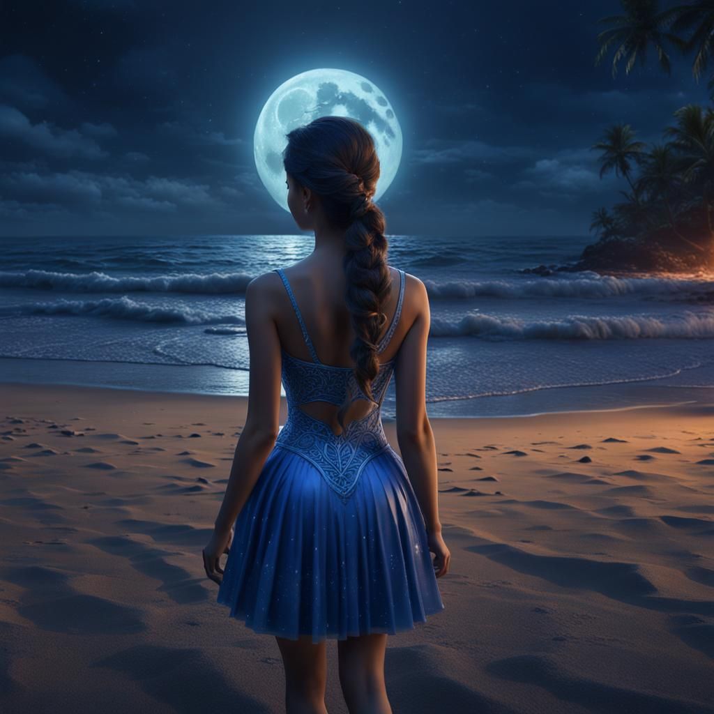 Princess Back View on Beach at Night