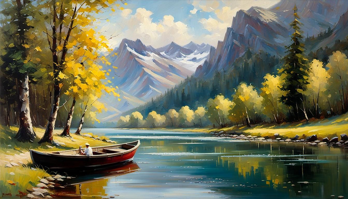 Peaceful Waterscape: Oil Painting with River and Trees