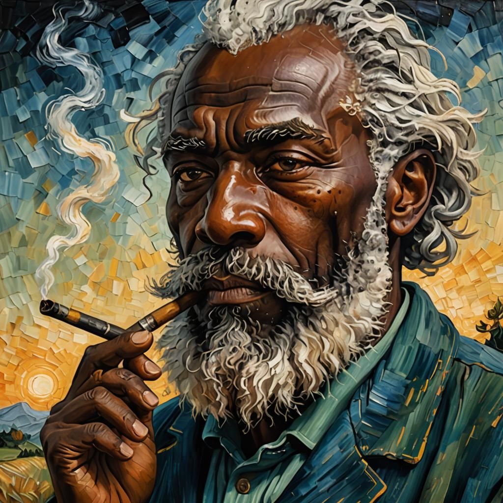 Portrait of a black man, white hair and beard, he has a pipe...