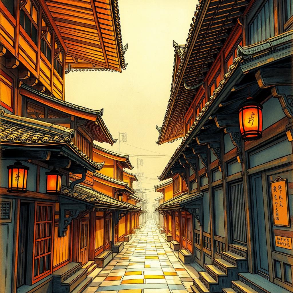 Ancient Japanese Cityscape in Art Nouveau Style
