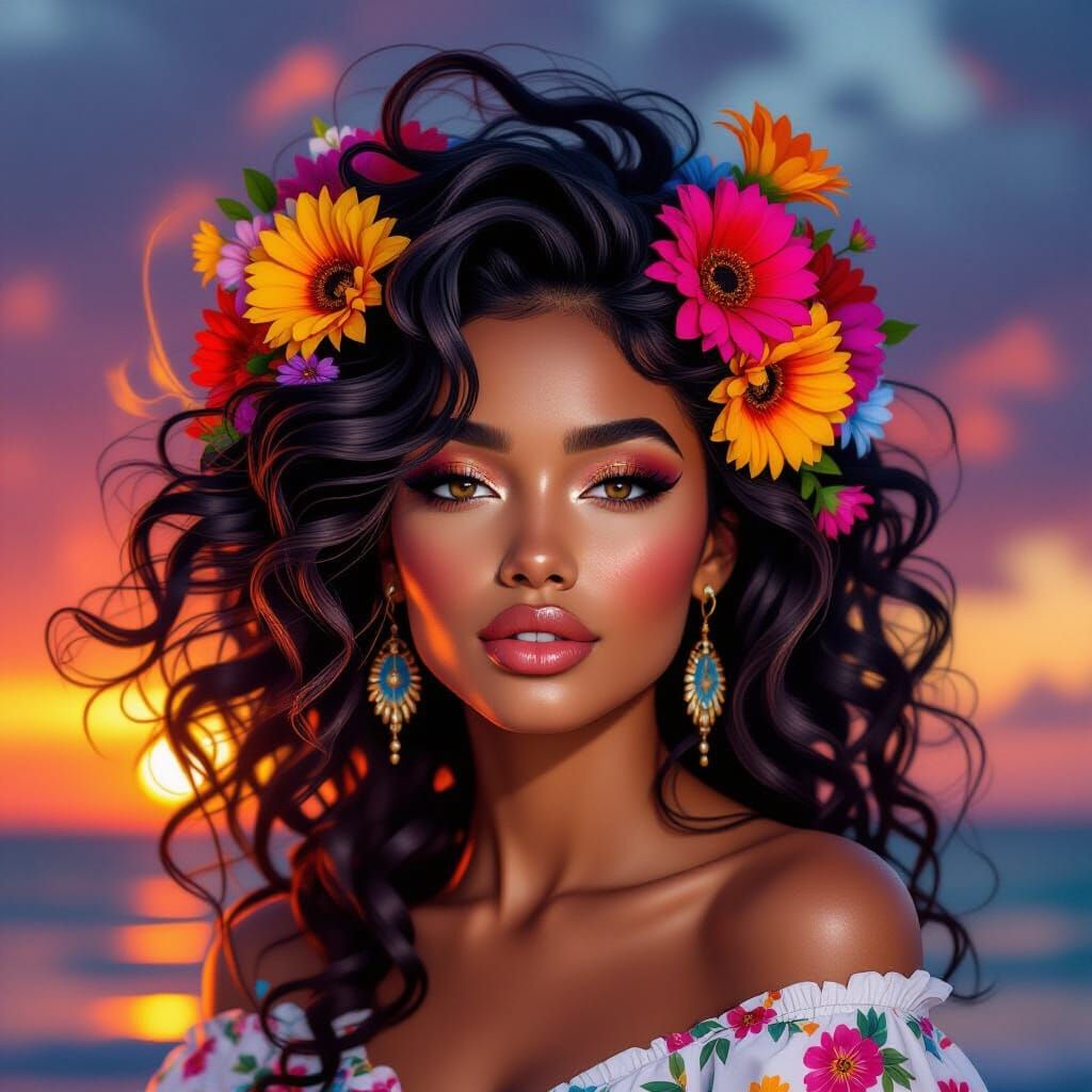 Floral Woman Portrait in Hyperrealistic Splash Art Style