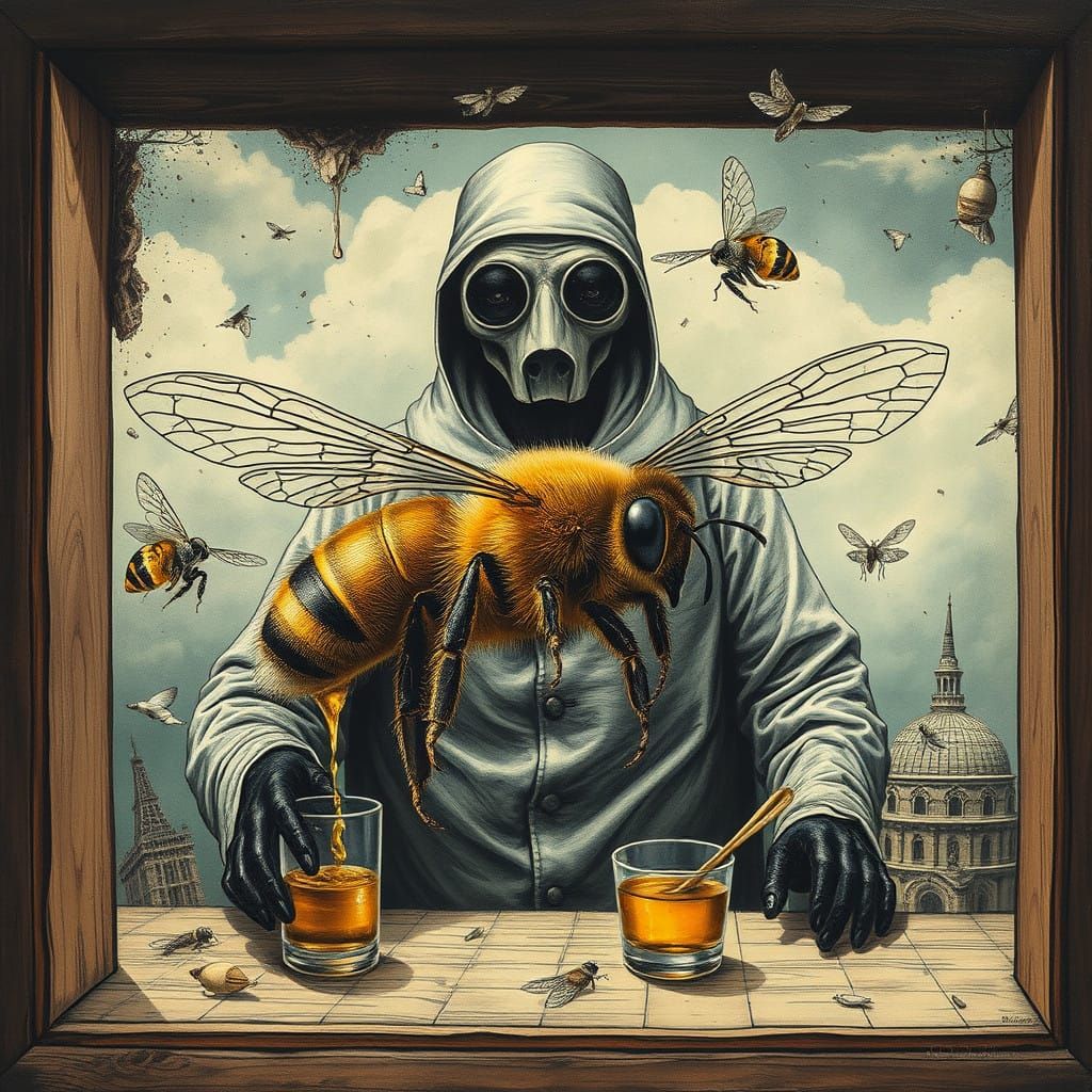 otherworldly BEE doctor, honey hive, SHATTERED windows, alcohol ink, surrealism, TANGUY, Pedro Friedeberg, MACABRE