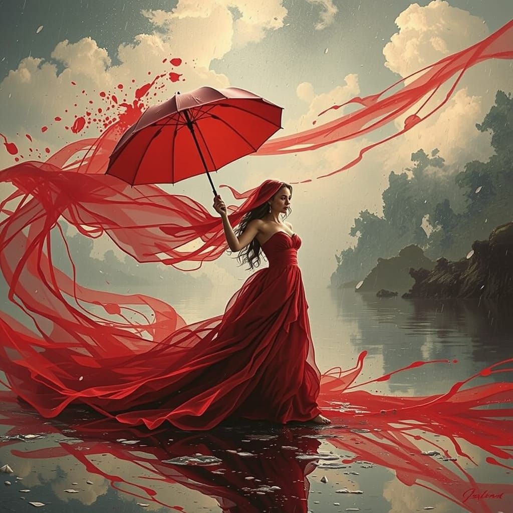 Woman in Red Dress Amidst Stormy Reflections