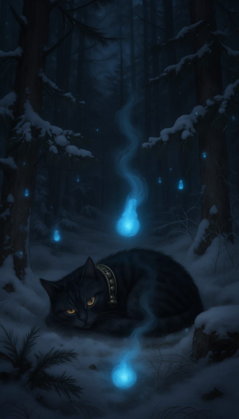 Winter Forest Scene with Blue Will-o'-Wisps and Yule Cat