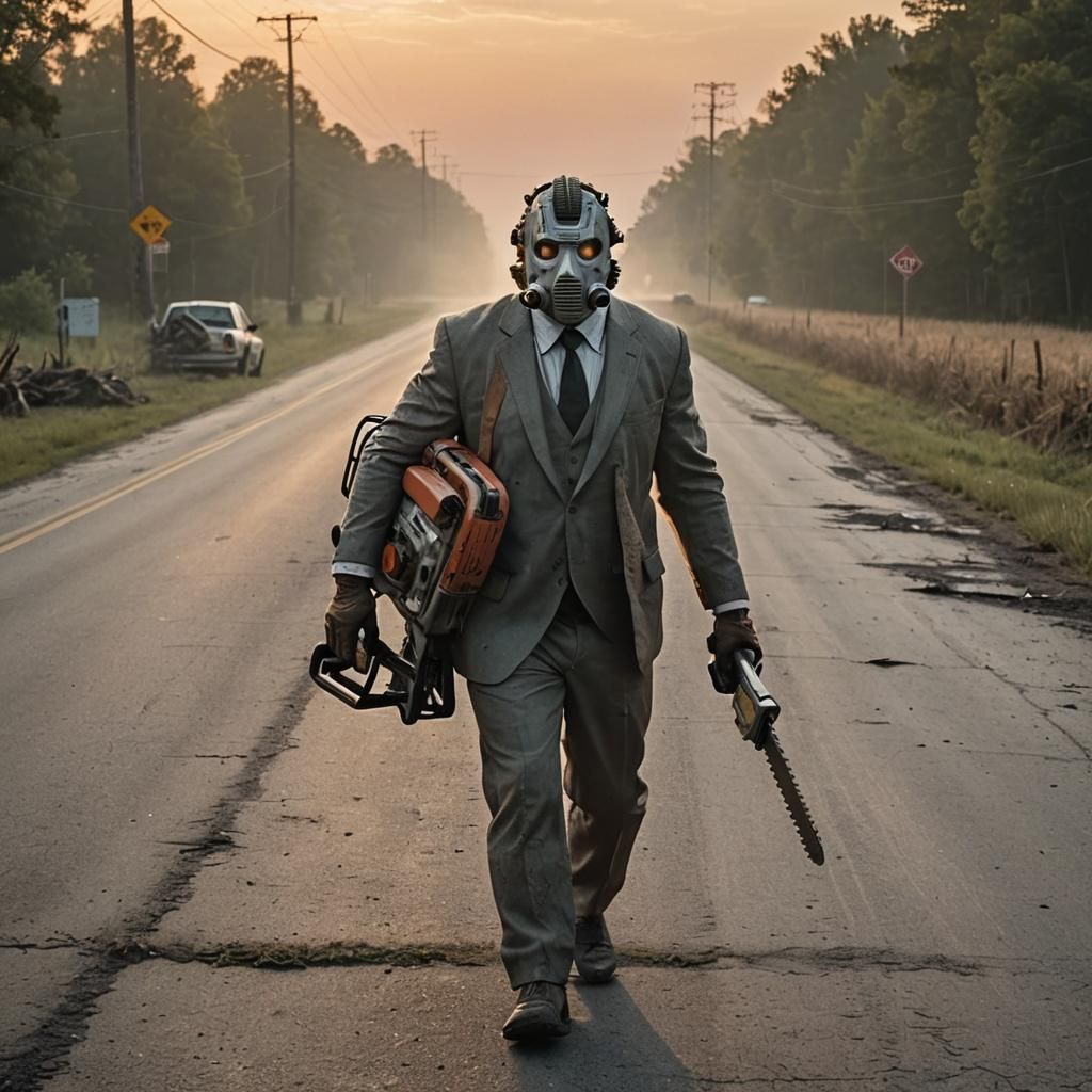 Menacing Chainsaw Figure on Rural Highway at Sunrise
