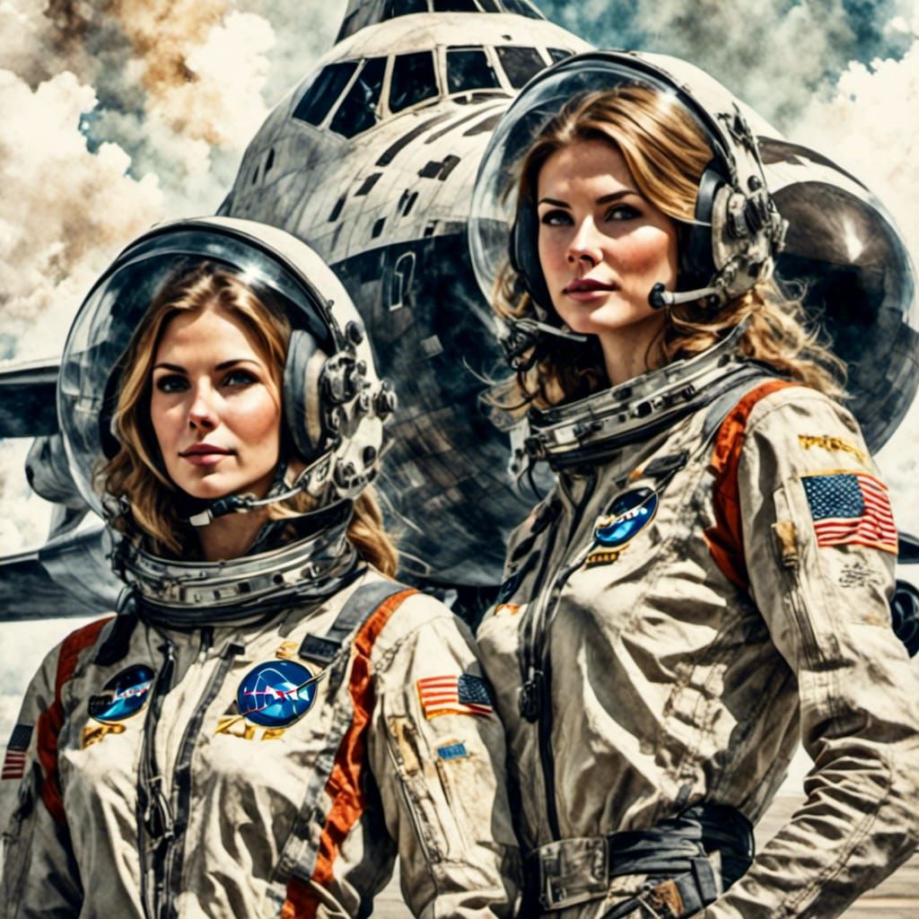 Lady Pilots at Cape Canaveral in Watercolor Style
