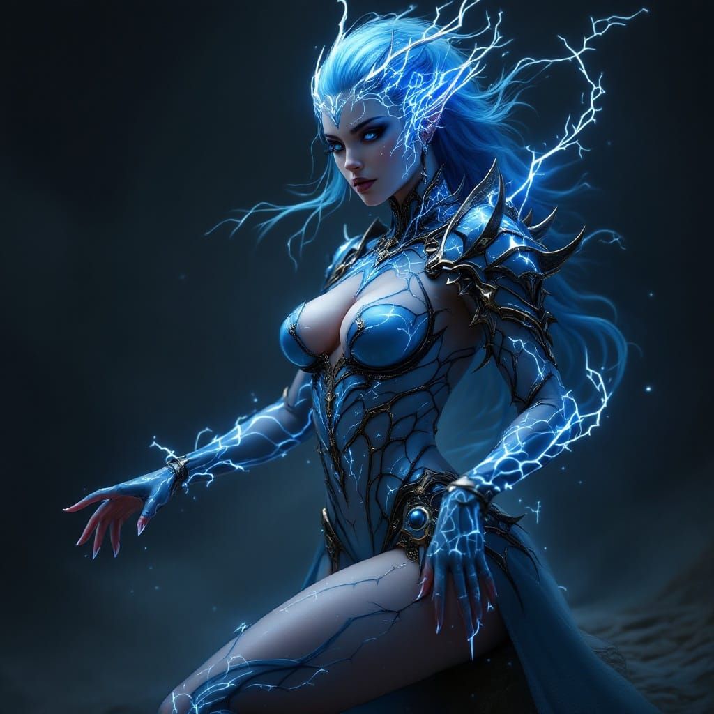 Majestic Azure Armor Wind Demon in Seductive Pose