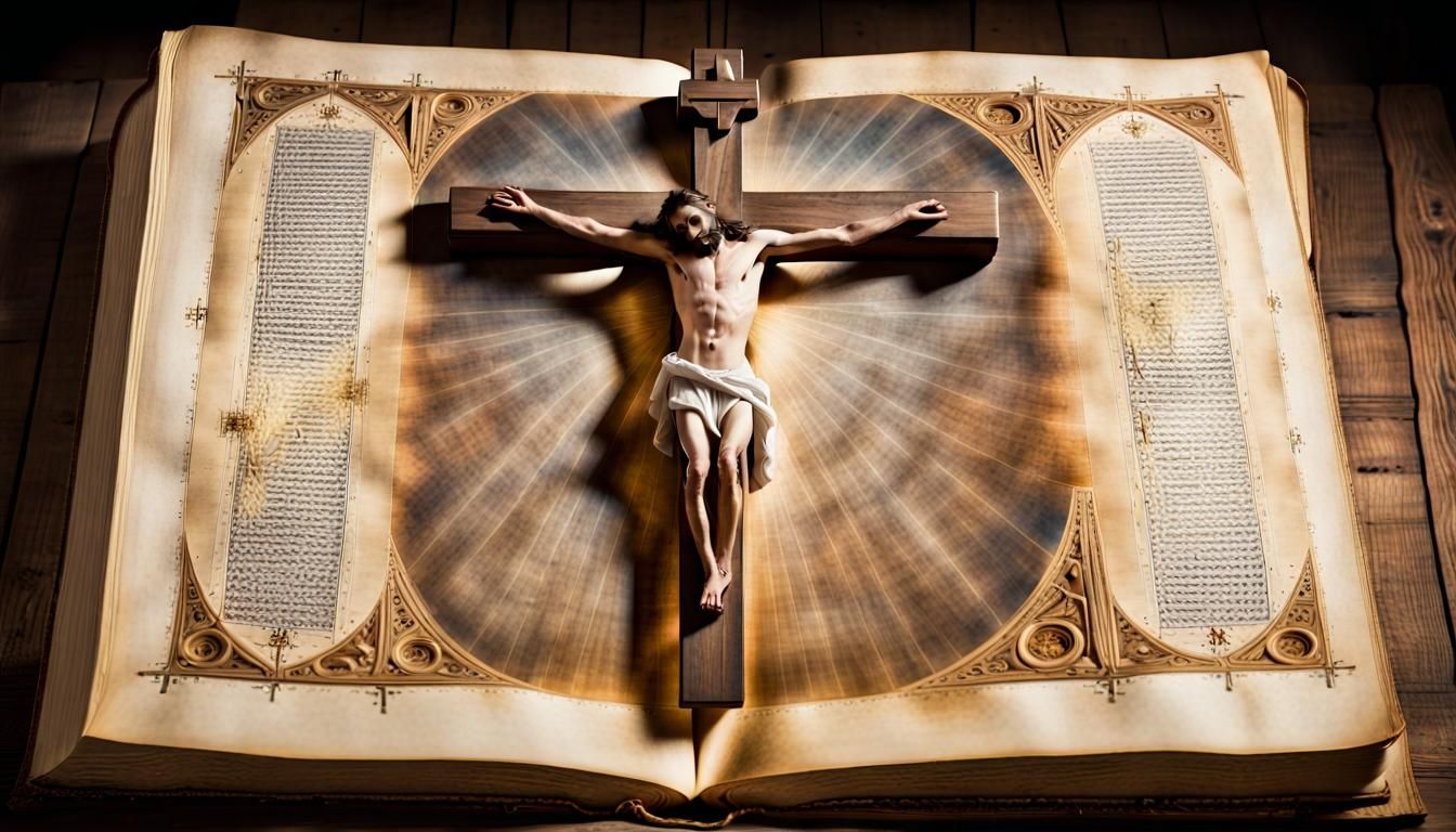Ethereal Jesus on Cross Above Illuminated Bible