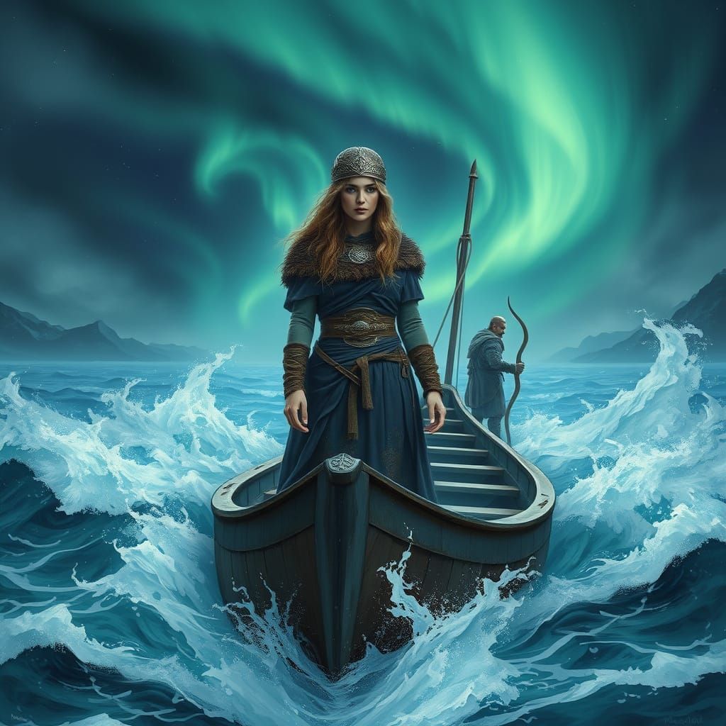 Viking Woman on Longboat Under Northern Lights