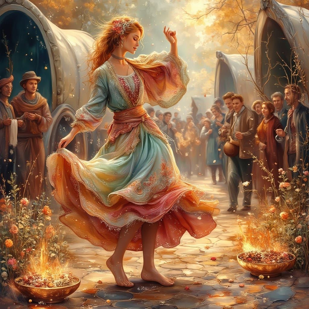 Dynamic Gypsy Woman Dancing in Anime Style