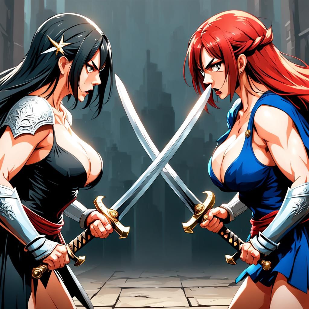Rivals Stare Down with Swords