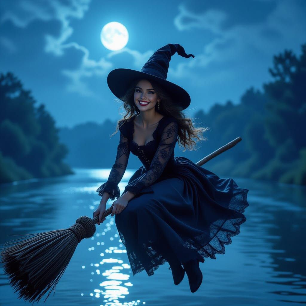 Mischievous Witch Flies Over River Under Moonlight