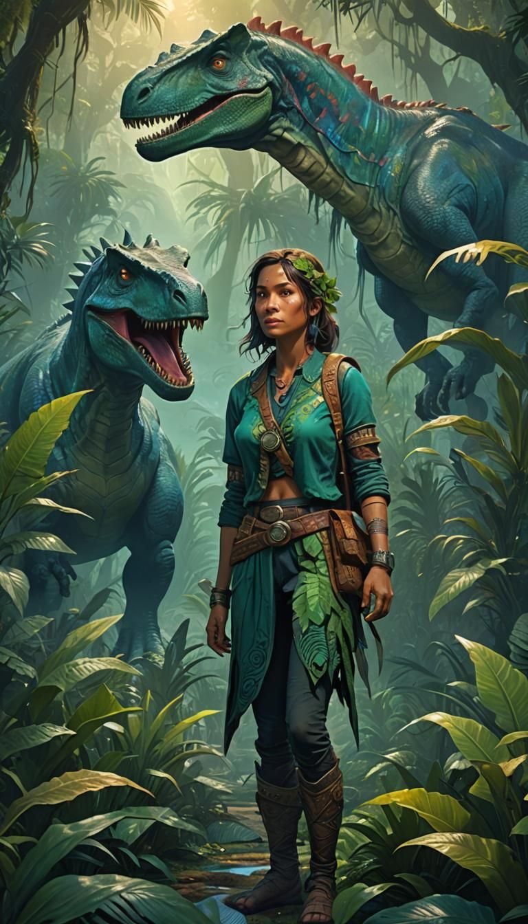 Dinosaur Woman in Mystical Jungle Concept Art